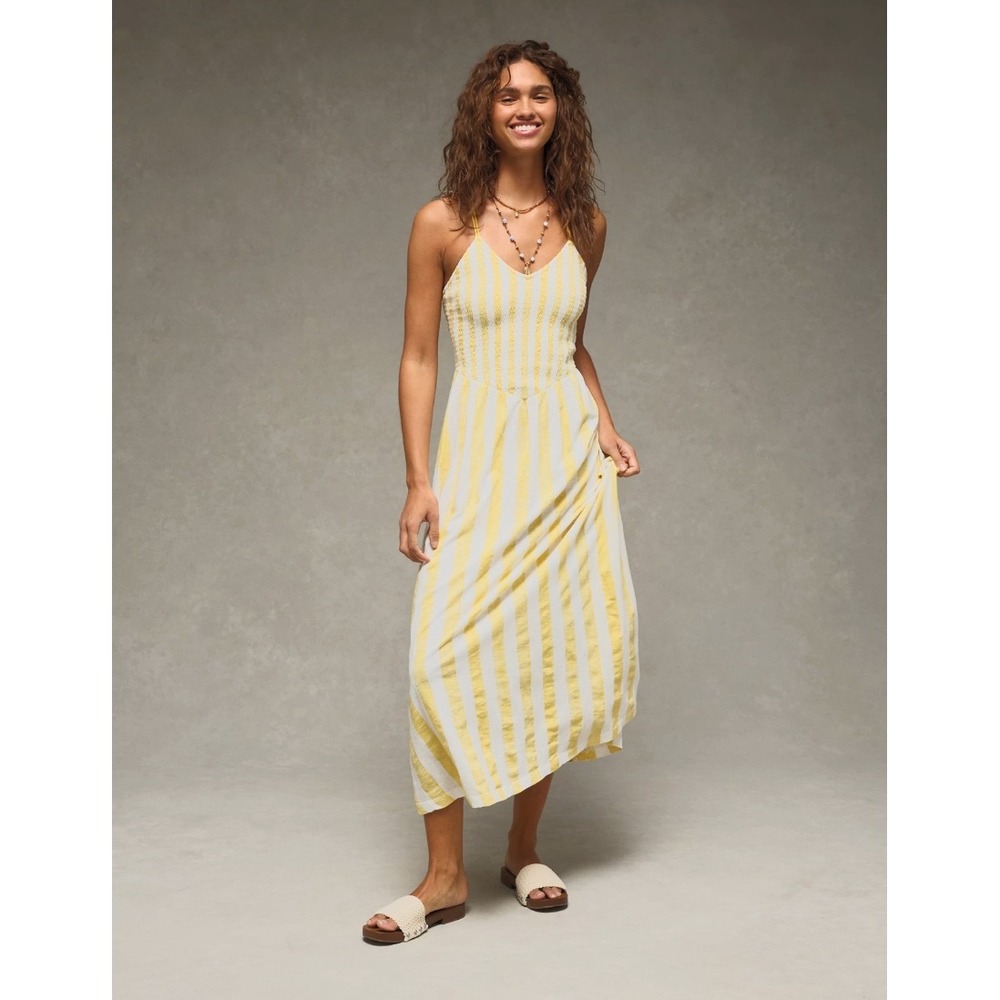 American Eagle Yellow White Striped Smocked Maxi Dress Womens Medium